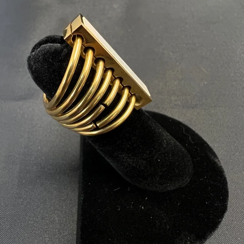 Gold Tone Multi Band Cage Ring Mother of‎ Pearl Inlay Rectangular Bar Size 4.5